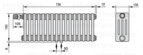 Схема (чертеж) Радиатор Zehnder Charleston 4019/16 №V007 Белый глянцевый RAL 9016